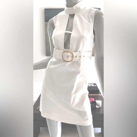 Milly Sleeveless Ivory White Runway Front Cutout Belted Mini Dress - Picture 4 of 8